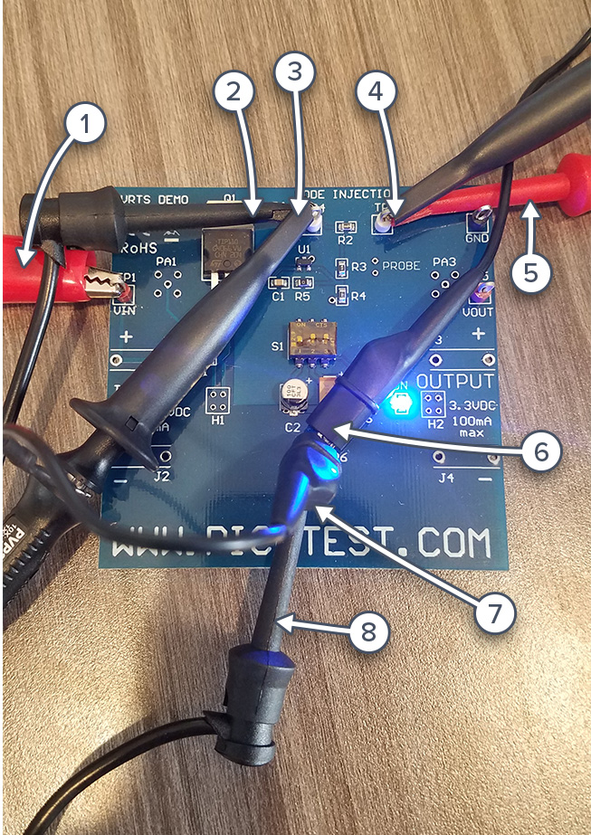 Figure 1: VRTS1.5 schematic

1: Input power +8v
2: J2101A
3: Probe 1
4: Probe 2
5: J2101A
6: Probe 2 GND
7: Probe 1 GND
8: Input power ground