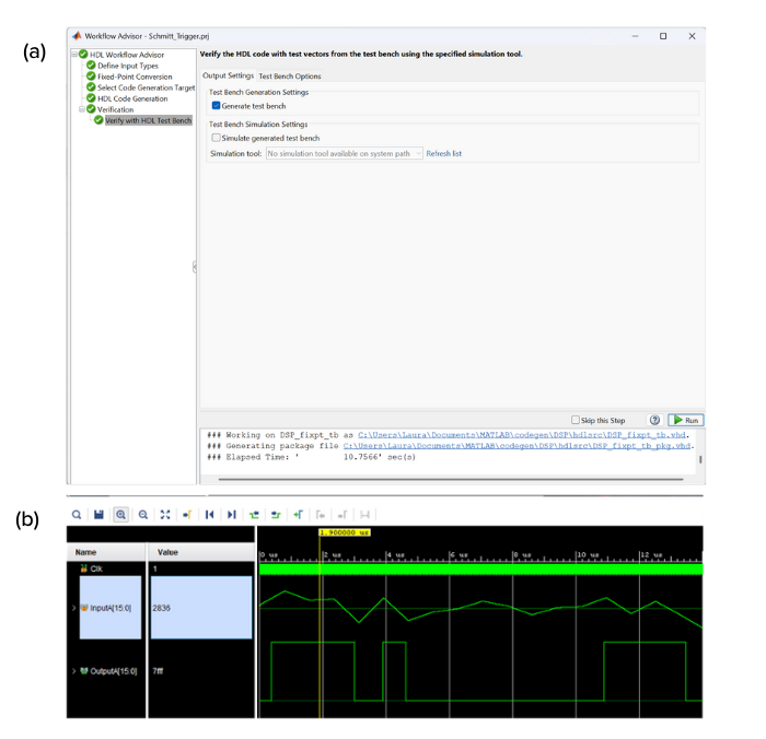 Figure 9: (a) HDL testbench files can be generated in the HDL Coder. (b) HDL level simulation with Xilinx Vivado