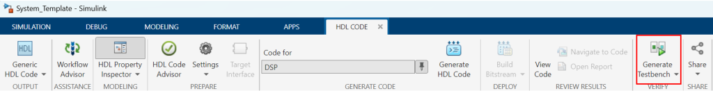  Figure 12: “Generate Testbench” button is located under the HDL Code app.