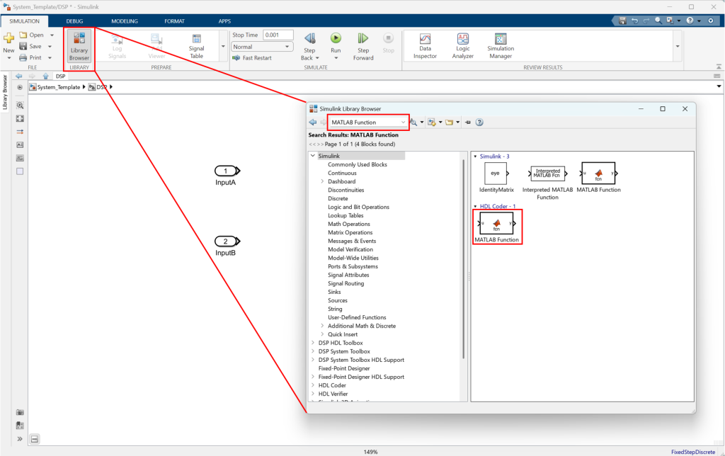 Figure 3: Simulink building blocks can be found via the Library Browser.
