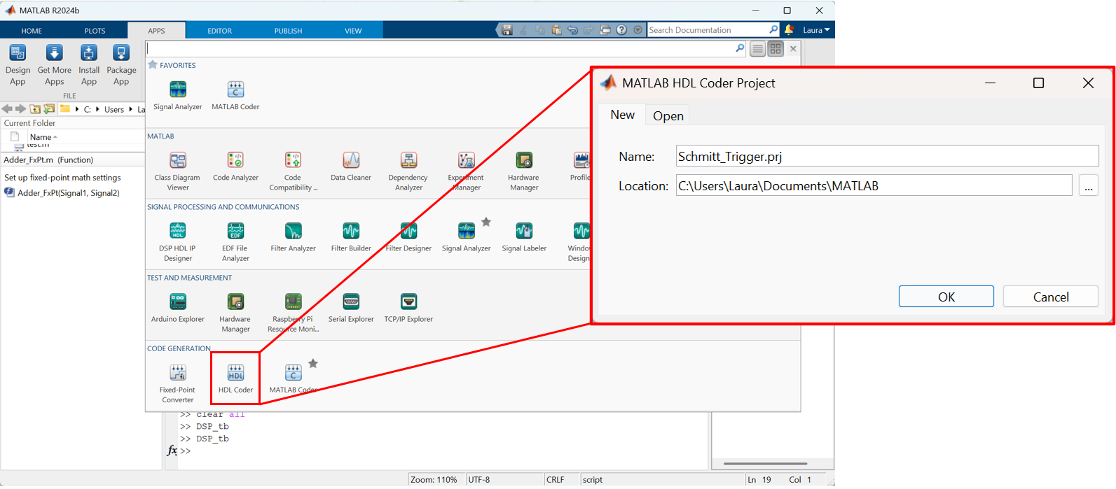 Figure 4: The HDL Coder app can be found in the App tab to create a new HDL Coder project.