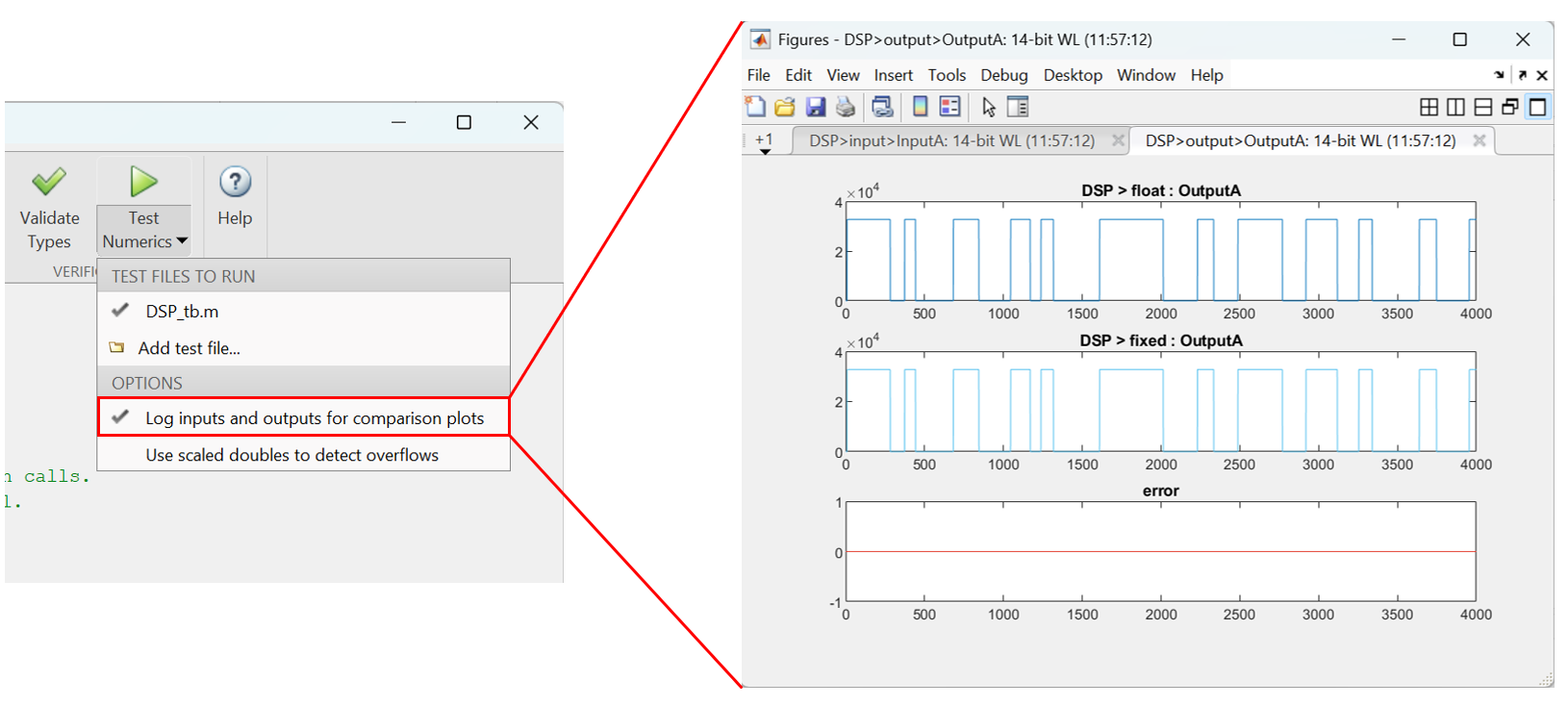 Figure 7: Comparison of the variable OutputA between the floating-point model and fixed-point model