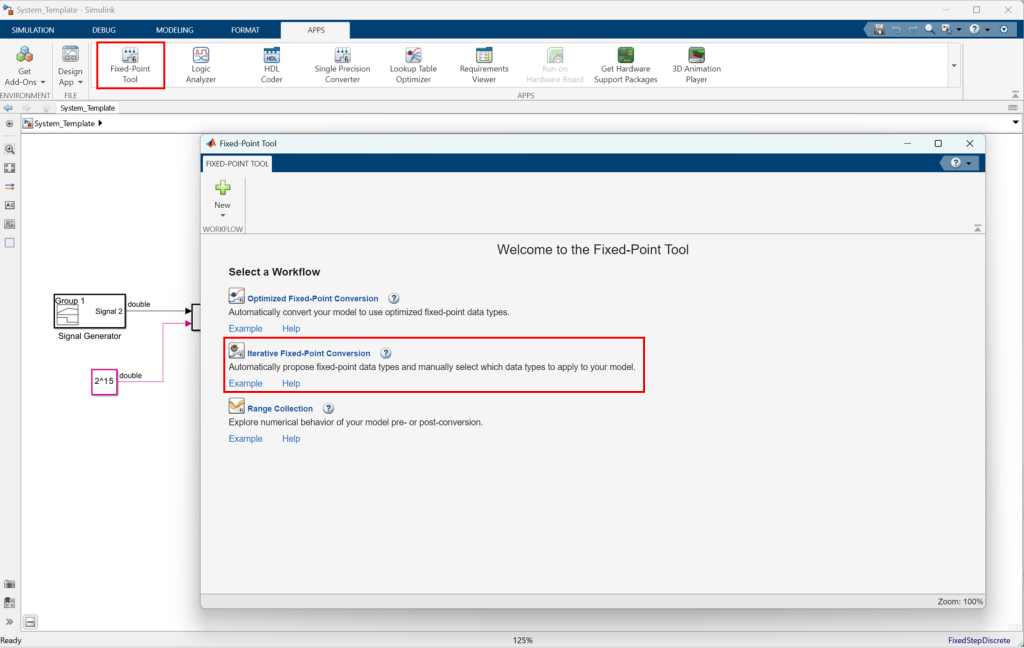 Figure 8: Iterative Fixed-Point Conversion can be initiated via the Simulink Apps tab.