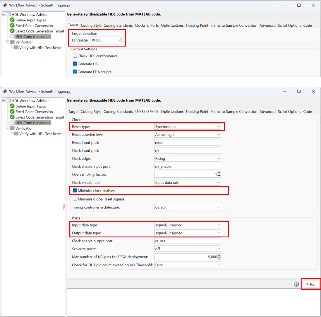 Figure 8: Select the target language to VHDL and run the code generation
