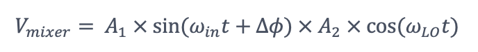 A1 and A2 represent the amplitude of the oscillators. ωin and ωLO represent the frequencies of the input and local oscillator. ∆ϕ denotes the phase angle difference between the input signal and local oscillator. The output of the mixer Vmixer is the product of the input and local oscillator.