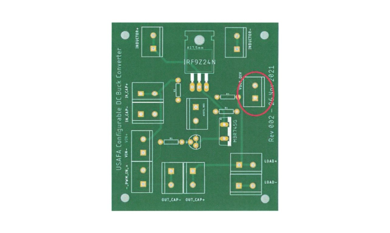 Figure 9: Configurable buck converter PCB - voltage divider for feedback control