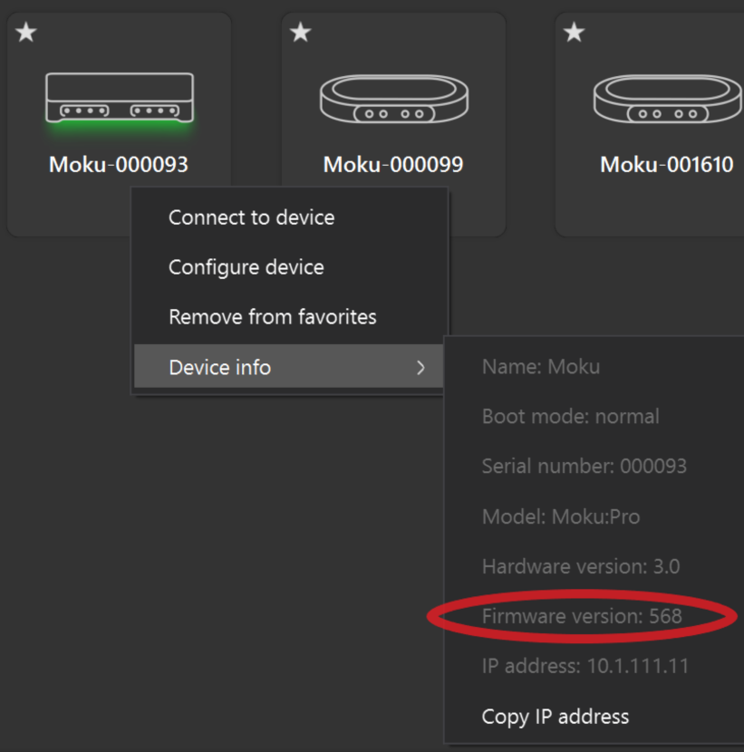 Device Info screen in the Moku Application