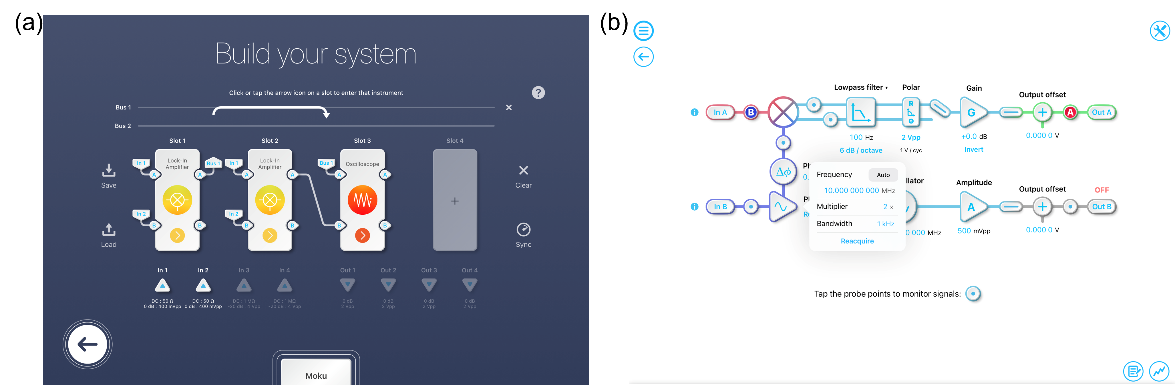 (a) Multi-instrument Mode setup for demonstrating multi-harmonic demodulation. (b) PLL settings for the second Lock-in Amplifier to demodulate at the second harmonic.