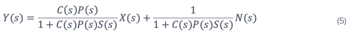 The analysis so far focuses on the transformation of the signal, whereas in a practical case, the suppression of the noise is more of interest. The noise can be introduced from anywhere within the loop, but here we consider the noise introduced from the plant (other noise sources can be analyzed by an identical procedure). When taking the noise (N(s)) into analysis, the system output will then be modified as shown here: