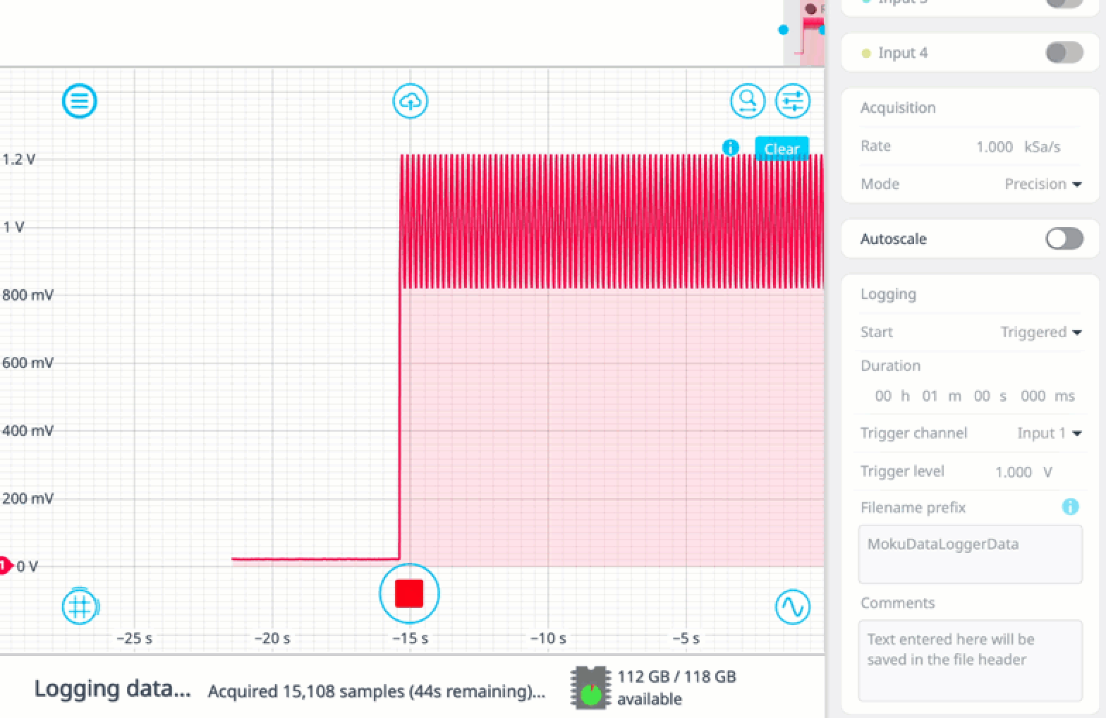 New in Moku v3.1.1: Triggered data logging start acquisition