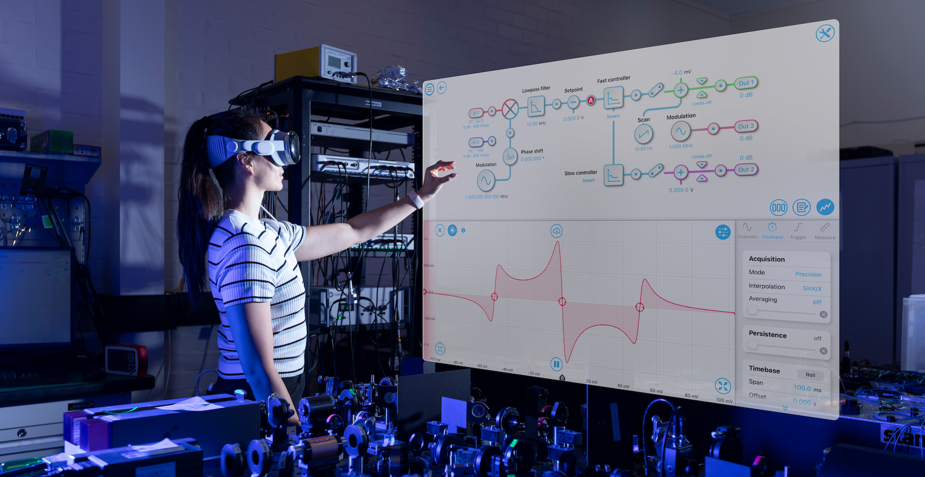 Scientist using Apple Vision Pro and Moku to perform laser frequency stabilization in an optical lab.