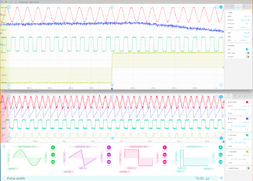 Two Moku Oscilloscope instruments running on separate Moku:Pro devices measuring and displaying eight channels simultaneously.