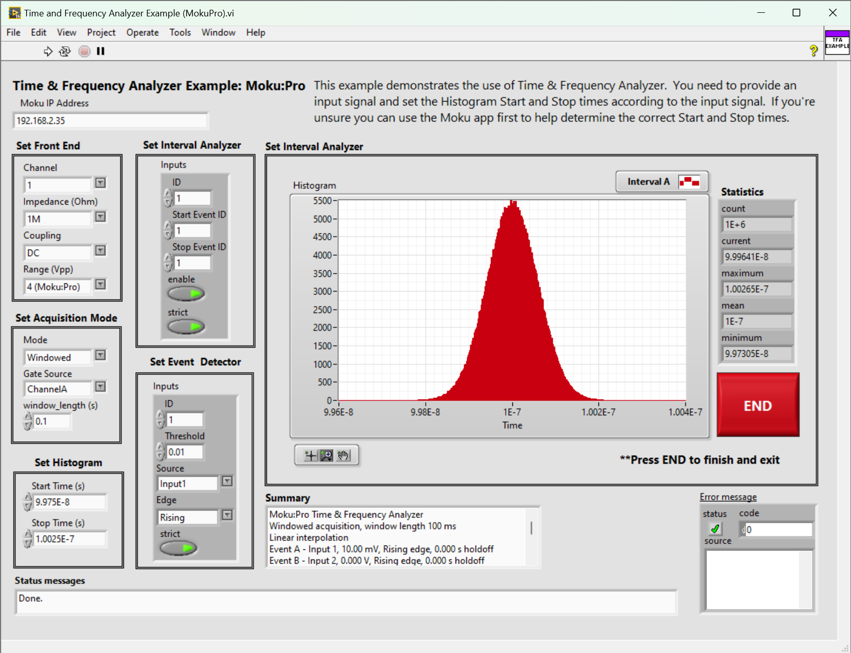 LabVIEW example for the Time and Frequency Analyzer example on Moku:Pro 3.2.1