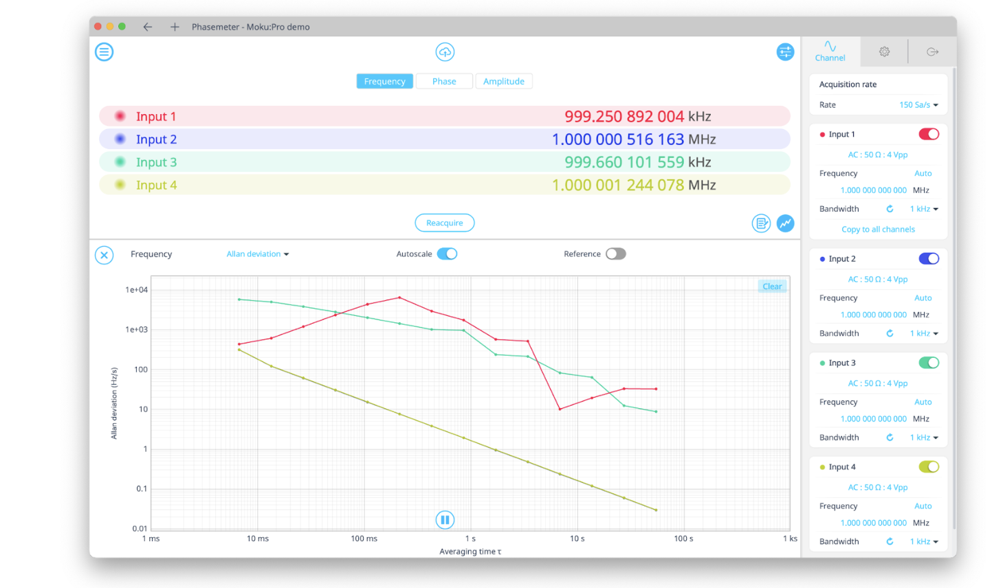 Figure 3: The Moku Phasemeter offers built-in, real-time Allan deviation graphs.