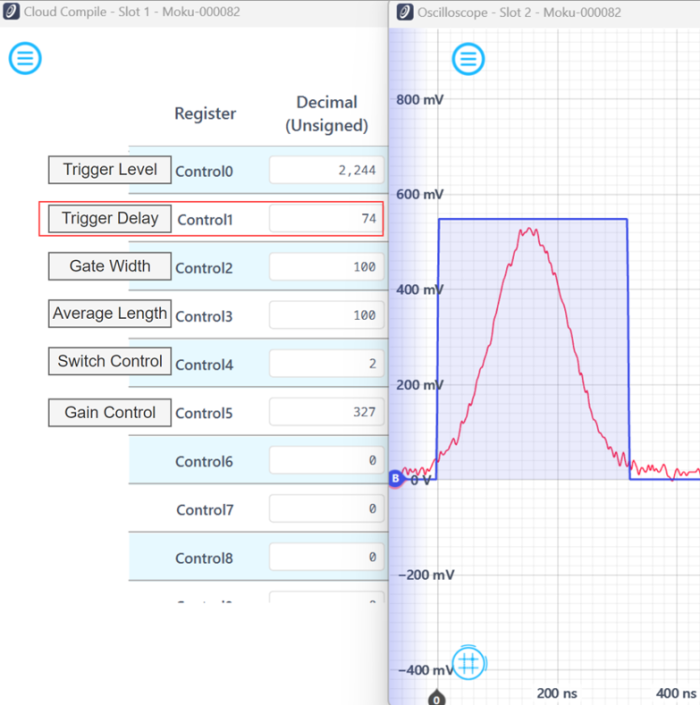 Moku Cloud Compile register interface. The trigger delay is adjusted to 74 to introduce a 236.8 ns delay to the trigger signal, successfully aligning the blue (boxcar window) and red (pulse signal) traces.