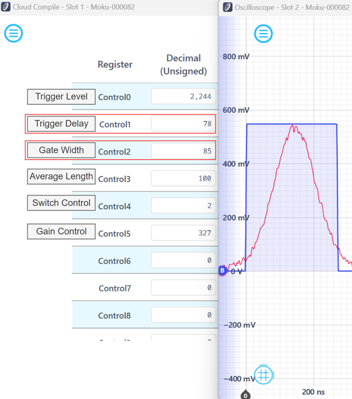 Moku Cloud Compile registers interface. Gate width and trigger delay are fine-tuned to eliminate extraneous segments of the pulse signal, thereby improving the SNR in final results.