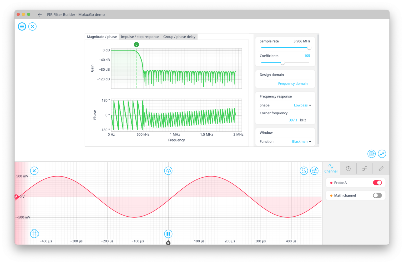 FIR Filter Builder software on Moku:Go interface