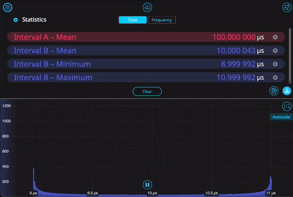 Moku Time & Frequency Analyzer software interface, utilizing a histrogram to perform time-correlated single-photon counting (TCSPC).