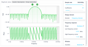 a FIR filter configured as a bandpass filter with a 39.06 MHz sampling rate and 61 coefficients