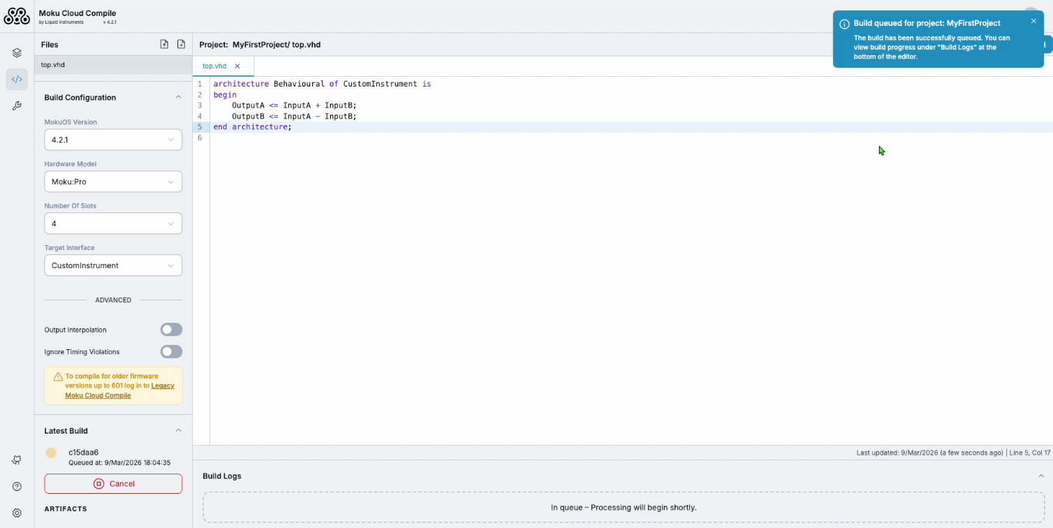 Moku Cloud Compile — code editor