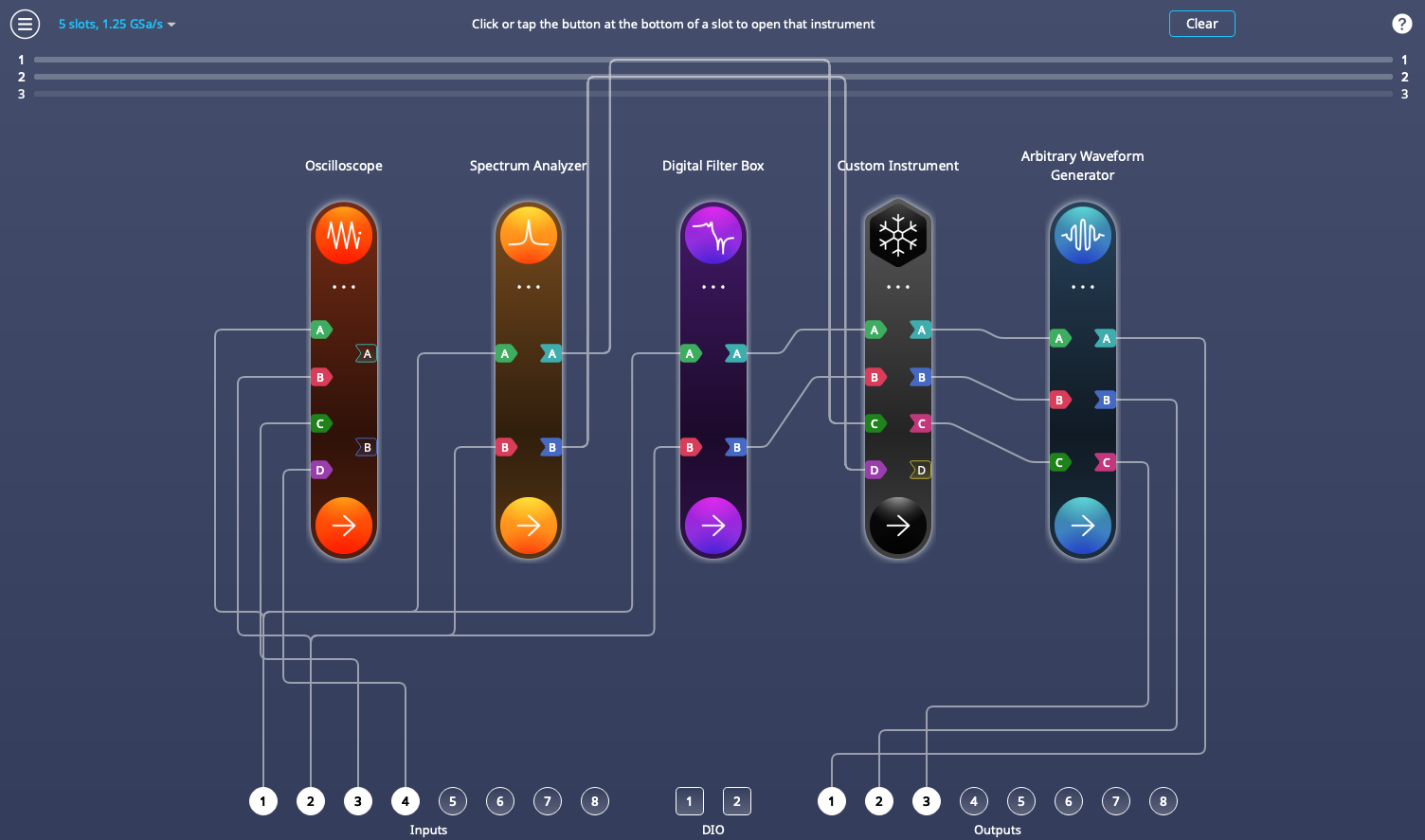 A Multi-Instrument Mode screen showing interconnected, software-defined test instruments.
